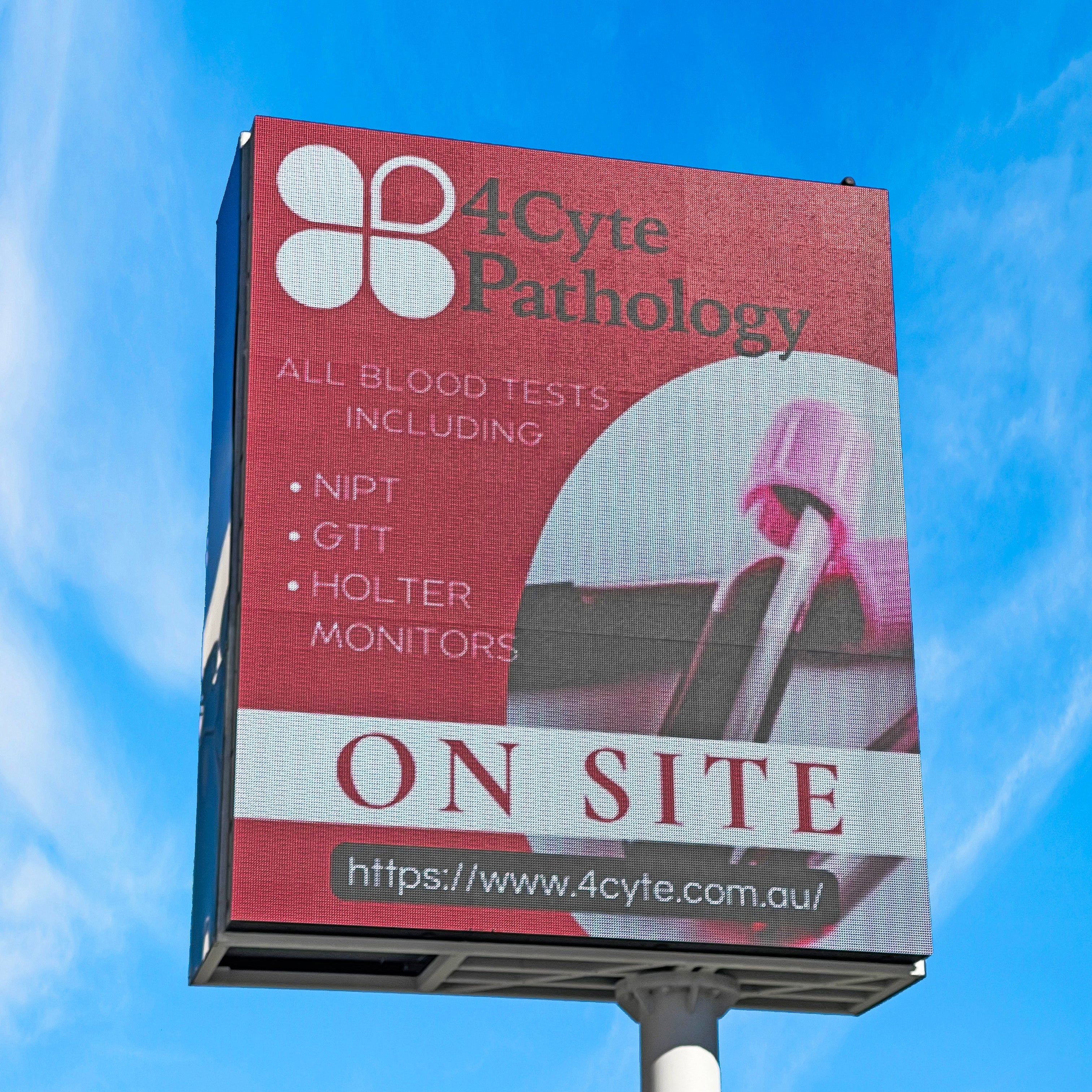 Billboard advertising 4Cyte Pathology services against a blue sky.