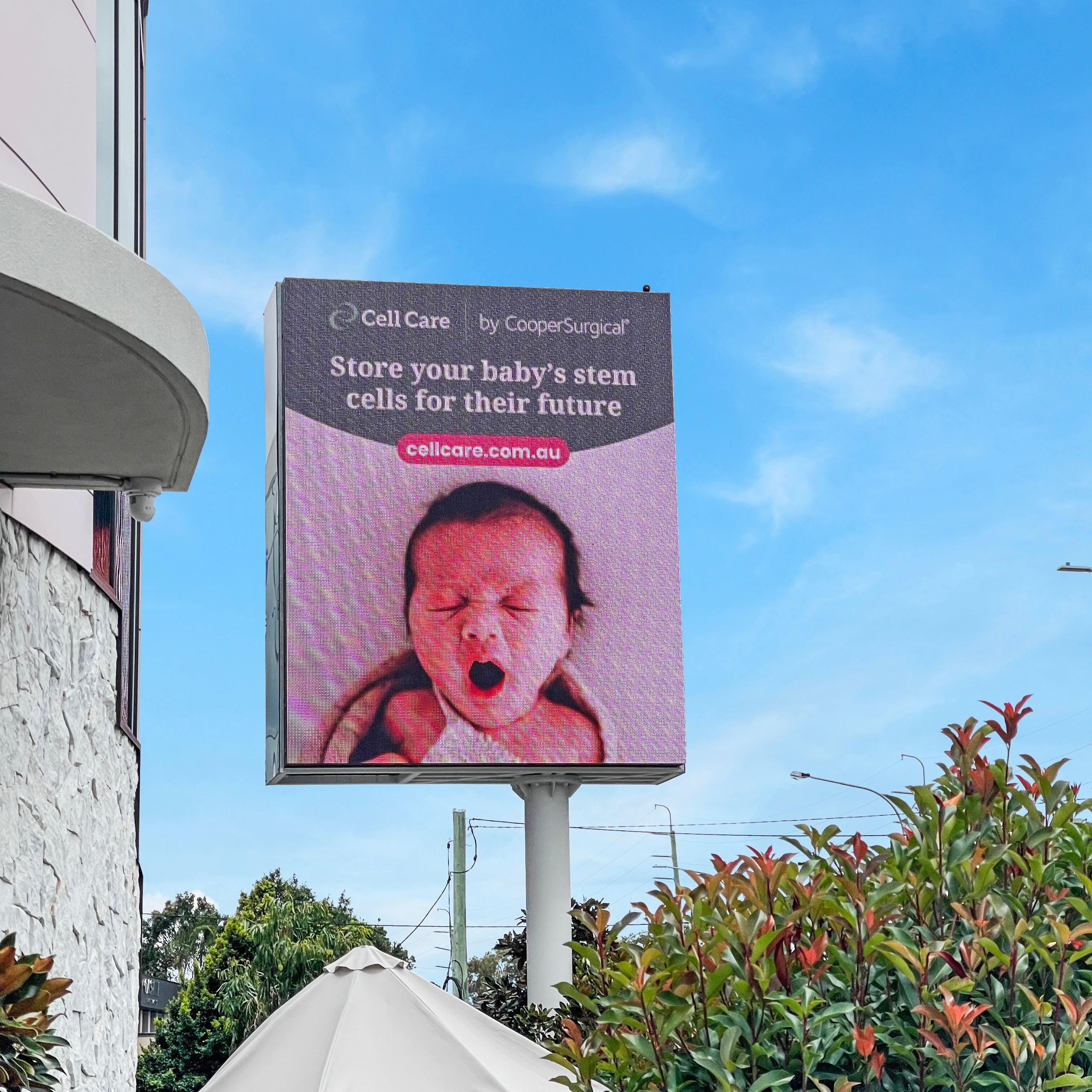 Billboard with a baby's face on it against a blue sky. Gold Coast Billboards Customer Slide Cellcare Cooper Surgical
