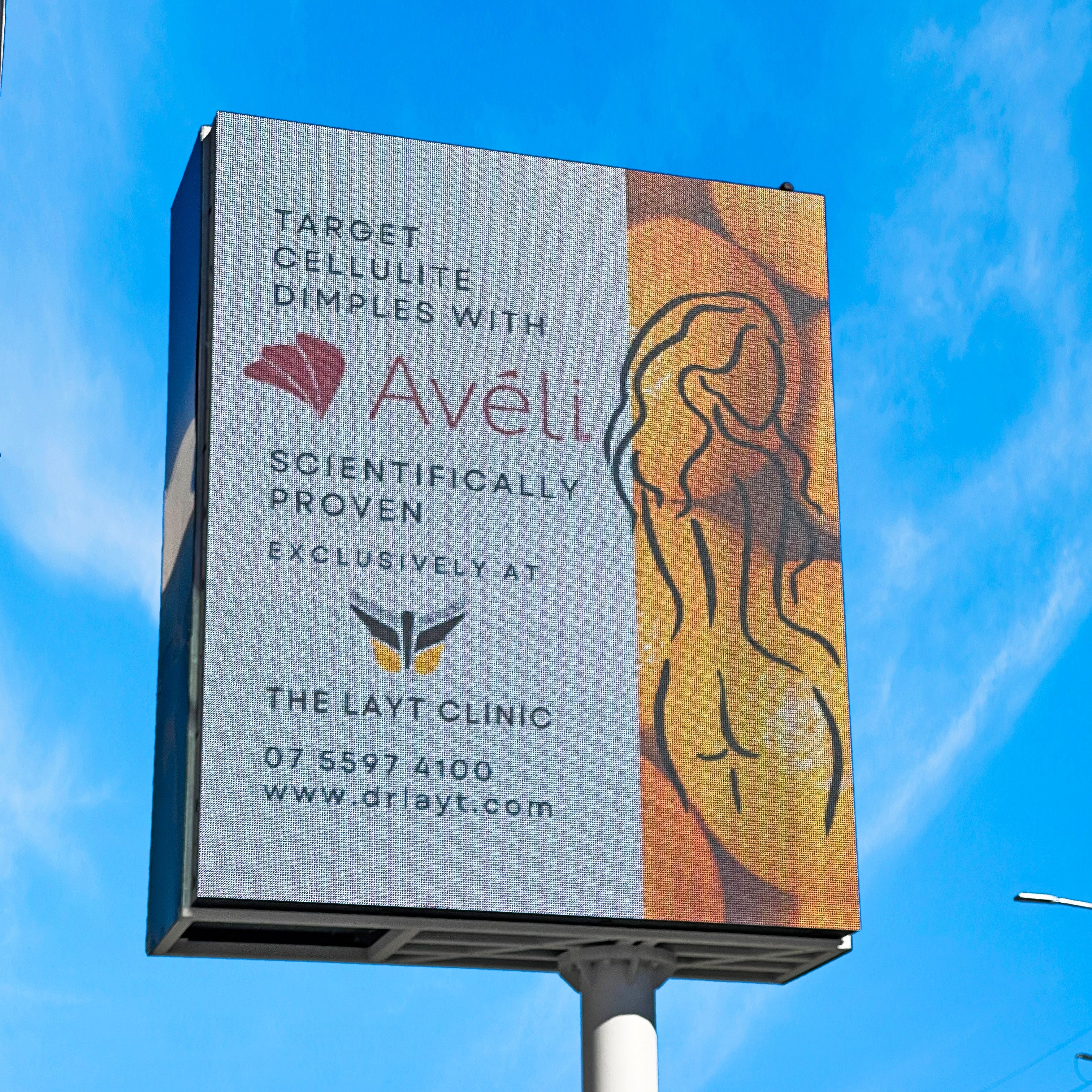 Billboard advertisement for Avéli cellulite treatment with a woman's silhouette against a blue sky. Gold Coast Billboards Customer Slide The Layt Clinic Her Medical location Ferry Road